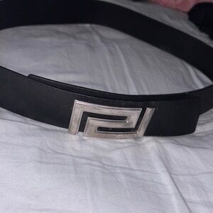 Versace Black Leather Belt with Silver Buckle